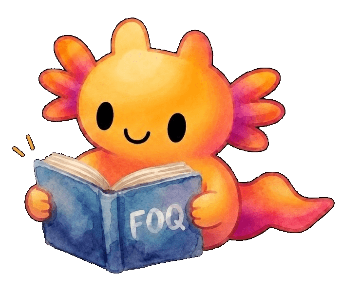 Axolotll mascot reading a book labeled FOQ